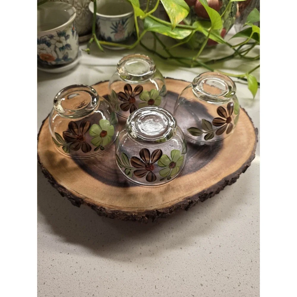 4 VTG BLUE‎ RIDGE POTTERY DAISY SHERBET BOWLS SUN BOUQUET GLASS Green Floral
